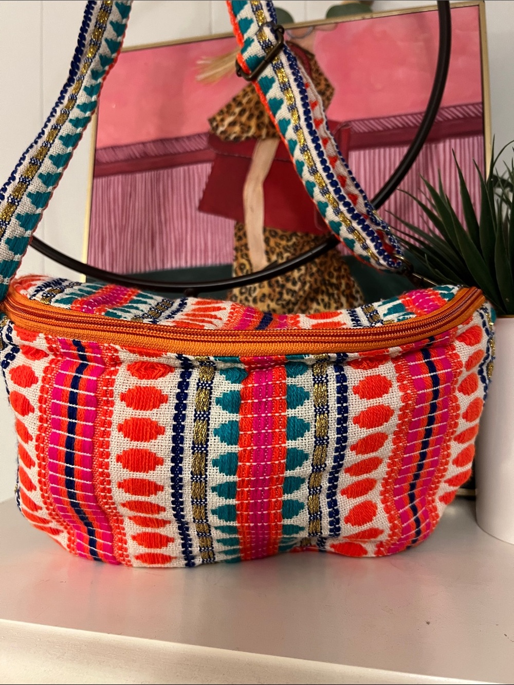 Colorful Woven Crossbody Bag or waist bag in Orange, Teal & Pink
